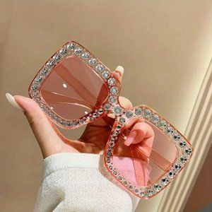Pink Luxury Rhinestone Square Fashion Sunglasses UV400 Sun Shades